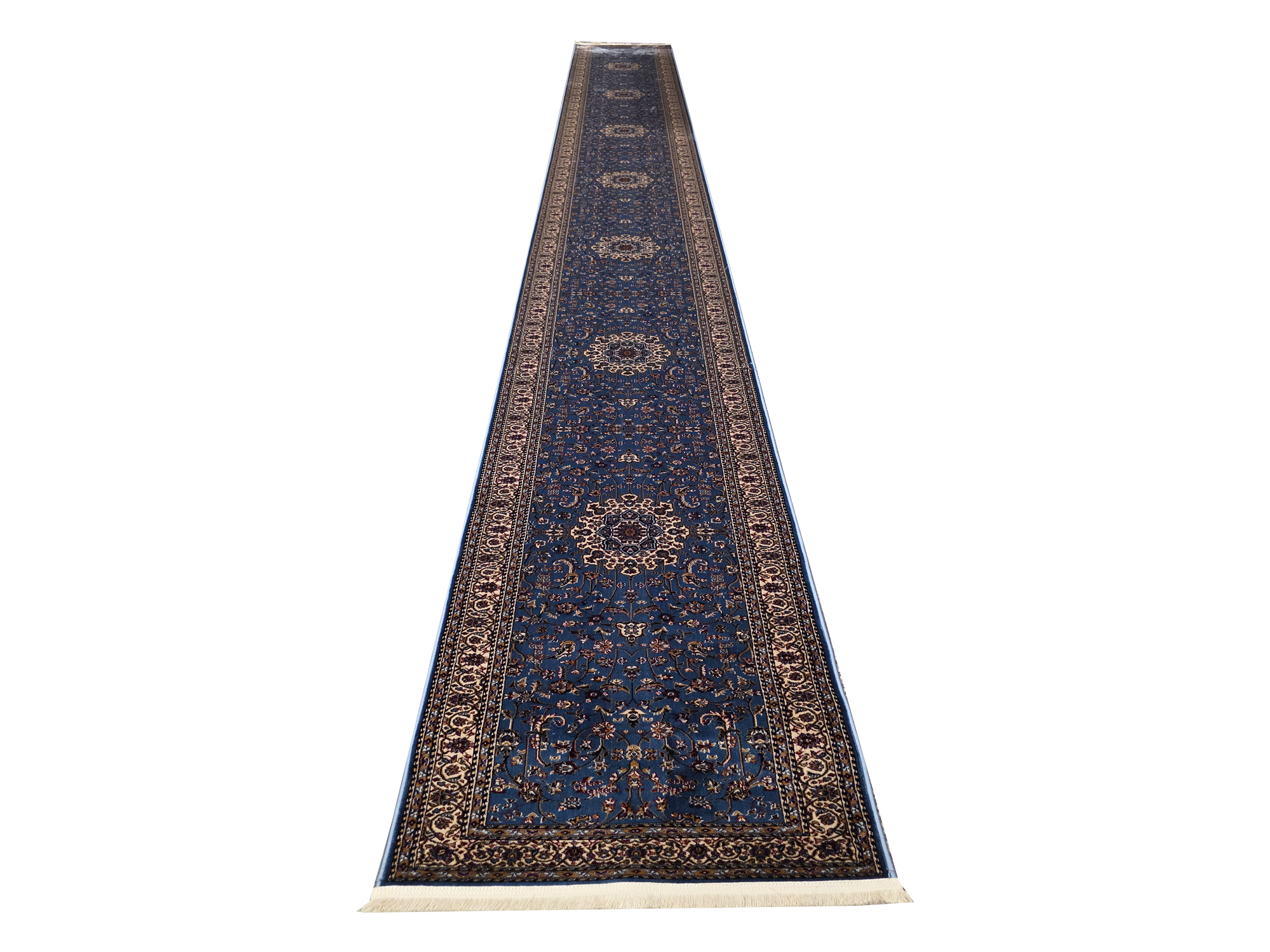 9846A blue beige 800 x 80 1 Beautiful blue Persian design Kashan Carpet – 800 x 80 cm - Image 1