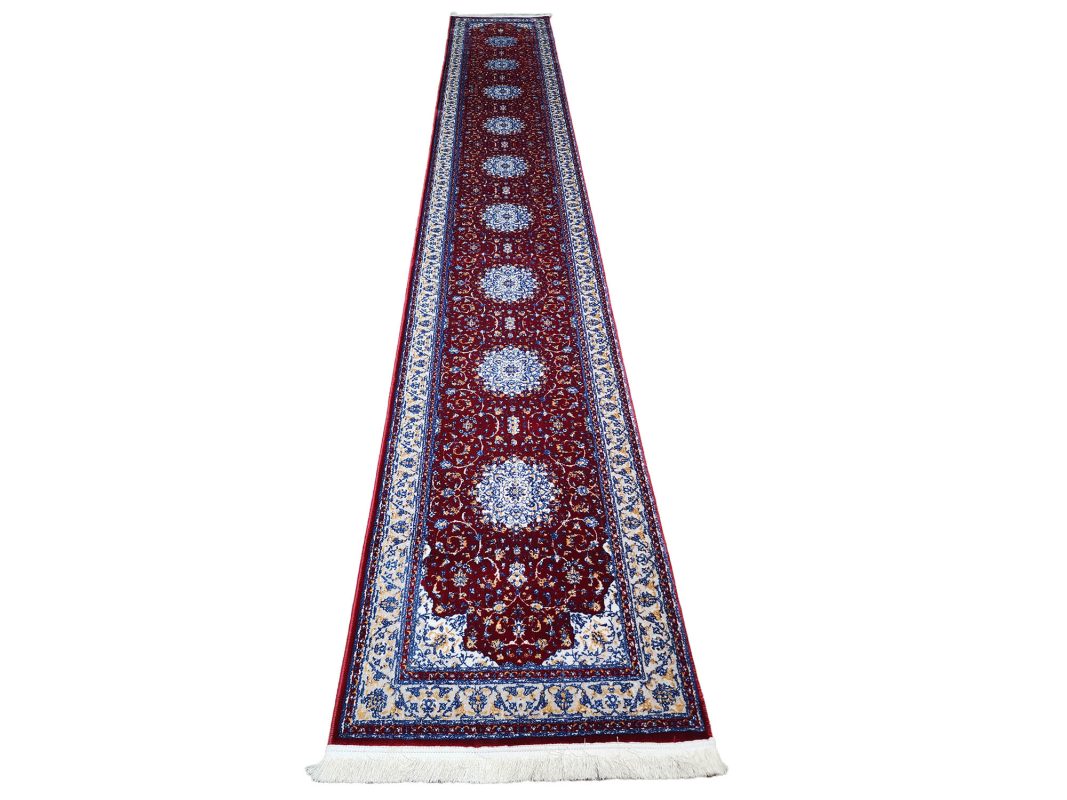 Persian Nain design machine made runner carpet 500x80cm in red with ivory and blue medallions