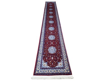 Persian Nain design machine made runner carpet 500x80cm in red with ivory and blue medallions
