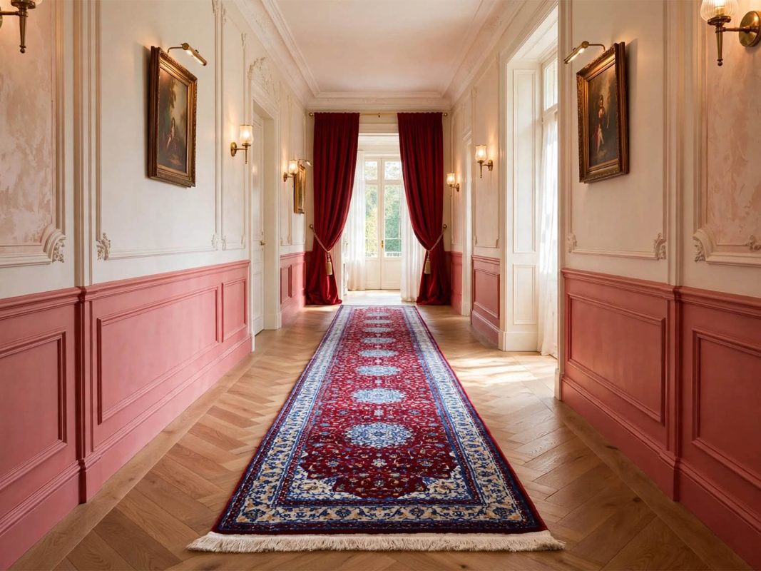 Persian Nain design machine made runner carpet 500x80cm in red with ivory and blue medallions