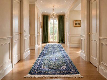 Persian Nain design green and blue machine made hallway runner carpet 300x80cm from Iran