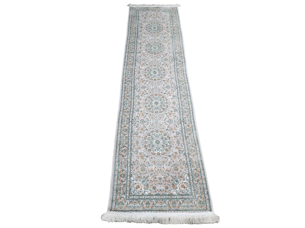 Persian Nain beige and green machine made hallway runner carpet 300x80cm featuring floral medallions