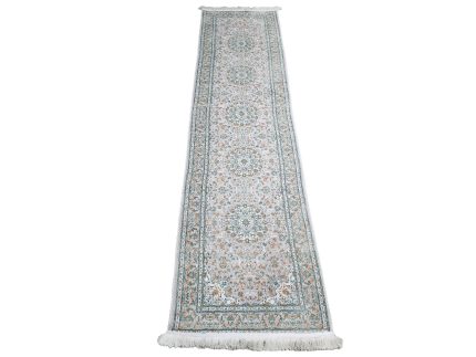 Persian Nain beige and green machine made hallway runner carpet 300x80cm featuring floral medallions