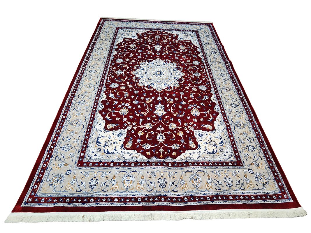 Persian Nain red machine made carpet 400x300cm with ivory floral medallion and traditional blue and cream borders