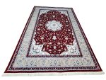 Persian Nain red machine made carpet 400x300cm with ivory floral medallion and traditional blue and cream borders