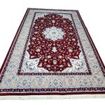 Persian Nain red machine made carpet 400x300cm with ivory floral medallion and traditional blue and cream borders
