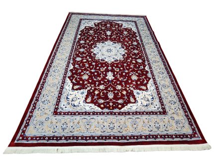 Persian Nain red machine made carpet 400x300cm with ivory floral medallion and traditional blue and cream borders