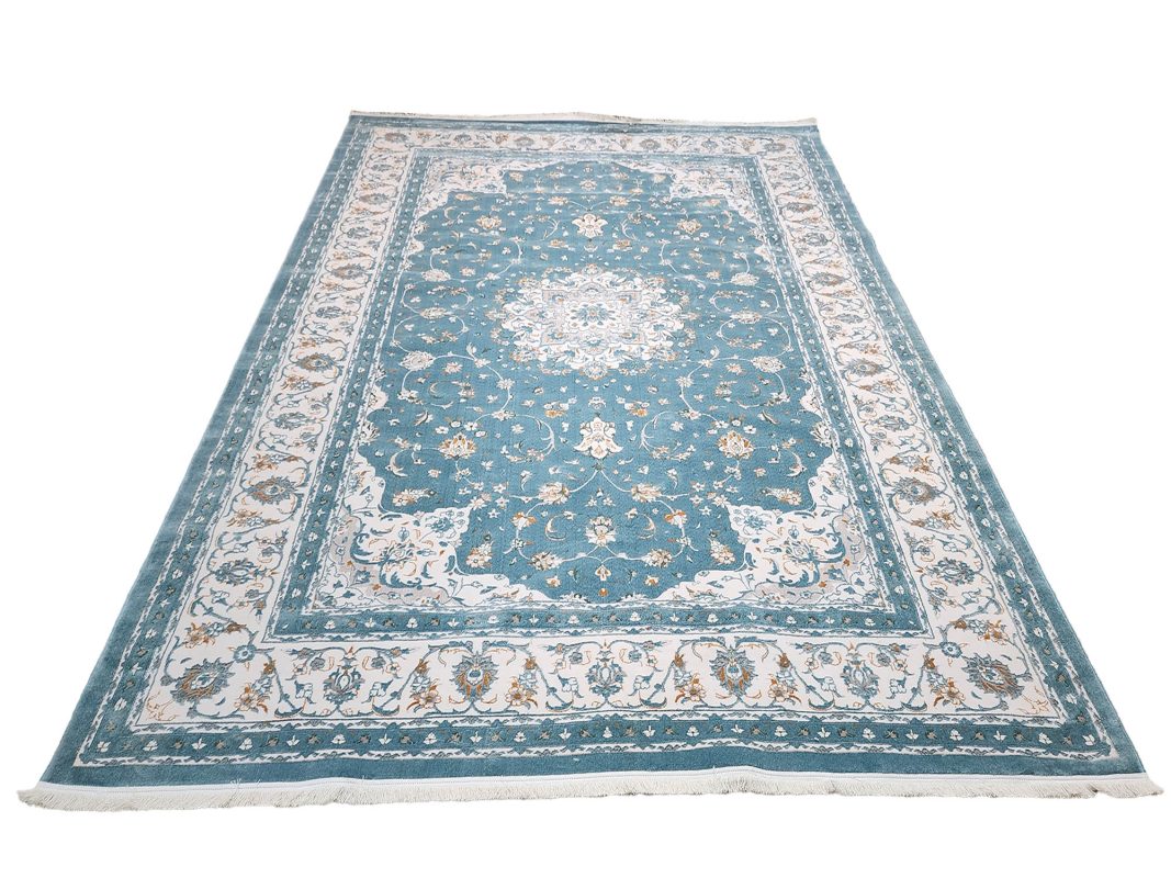 Persian Nain blue machine made carpet 400x300cm featuring ivory floral medallion and traditional cream and beige borders