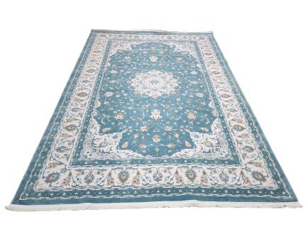 Persian Nain blue machine made carpet 400x300cm featuring ivory floral medallion and traditional cream and beige borders
