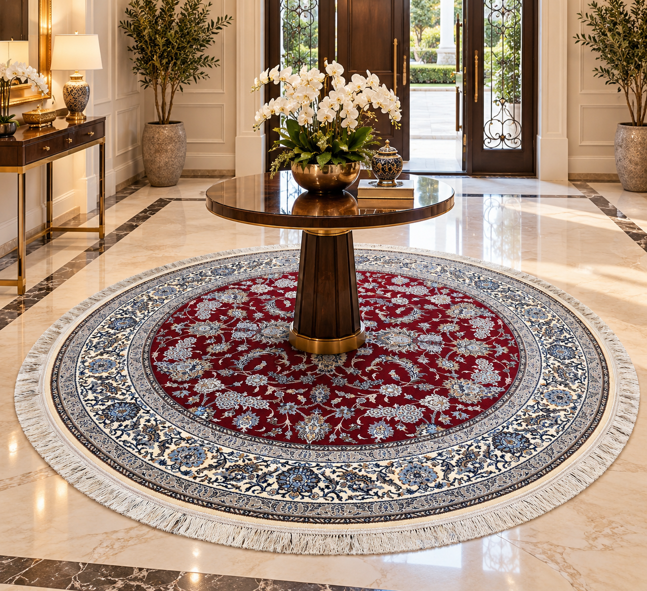 c33 150 x 150 red 6 Round Persian Nain Machine Made Carpet – Red 150 x 150 cm - Image 1