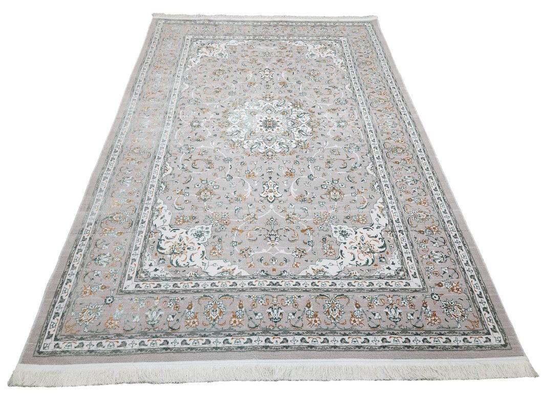 Persian Nain beige machine made carpet 300x200cm featuring an ivory floral medallion and traditional grey and green borders