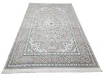 Persian Nain beige machine made carpet 300x200cm featuring an ivory floral medallion and traditional grey and green borders