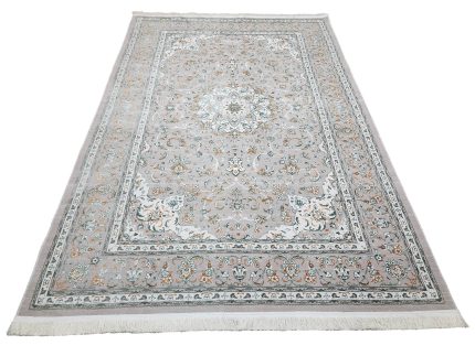 Persian Nain beige machine made carpet 300x200cm featuring an ivory floral medallion and traditional grey and green borders