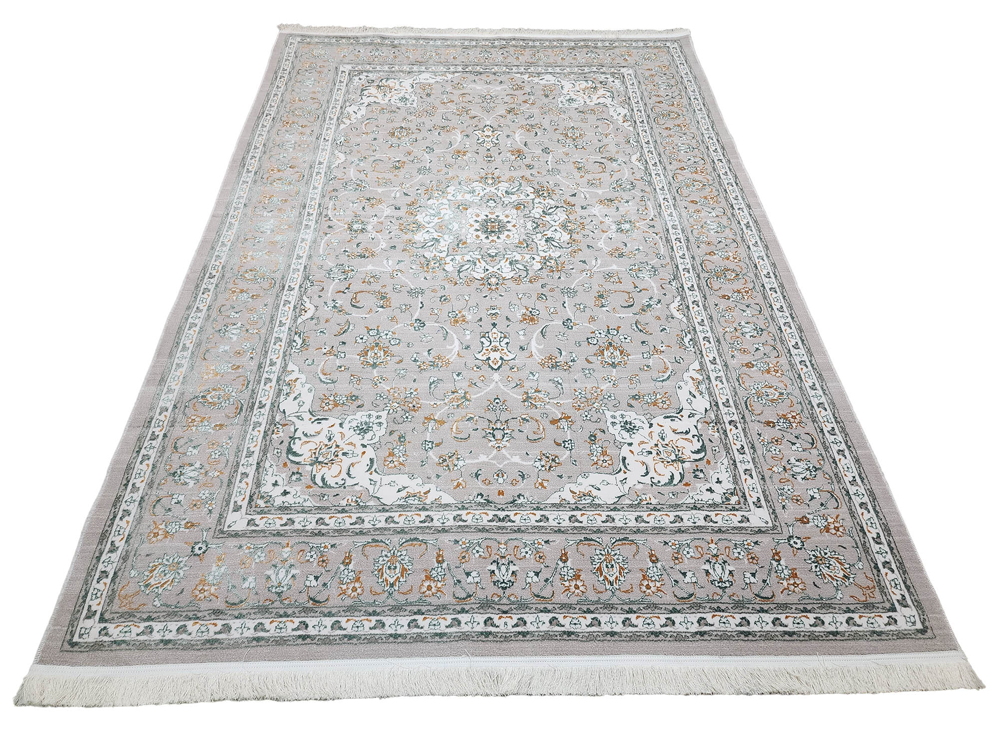 Persian Nain Beige Machine Made Carpet 300x200cm Persian Nain beige machine made carpet 300x200cm featuring an ivory floral medallion and traditional grey and green borders