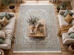Persian Nain beige machine made carpet 300x200cm featuring an ivory floral medallion and traditional grey and green borders