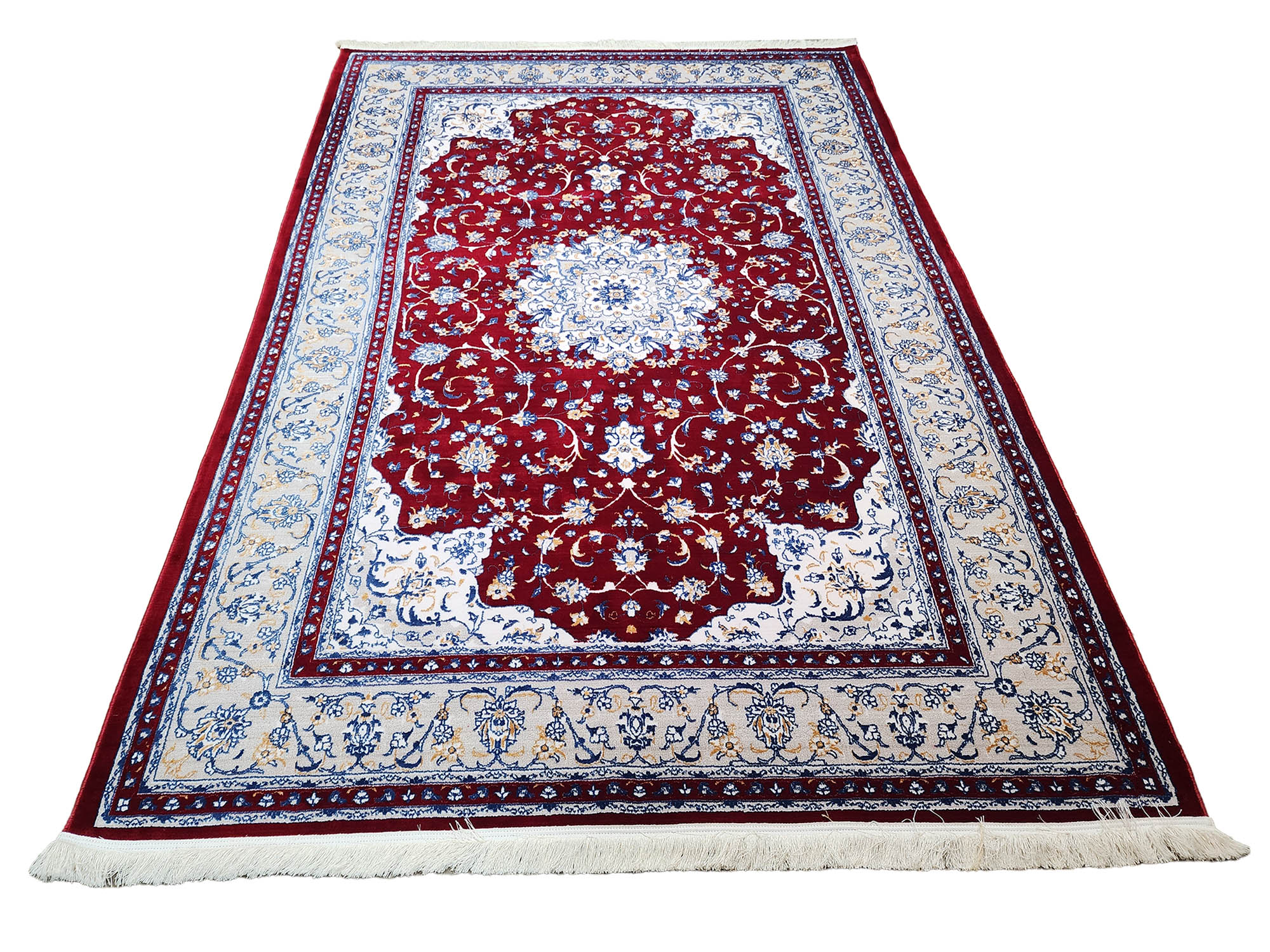 Persian Nain Red Machine Made Carpet 300x200cm Persian Nain red machine made carpet 300x200cm featuring an ivory floral medallion and traditional cream and blue borders