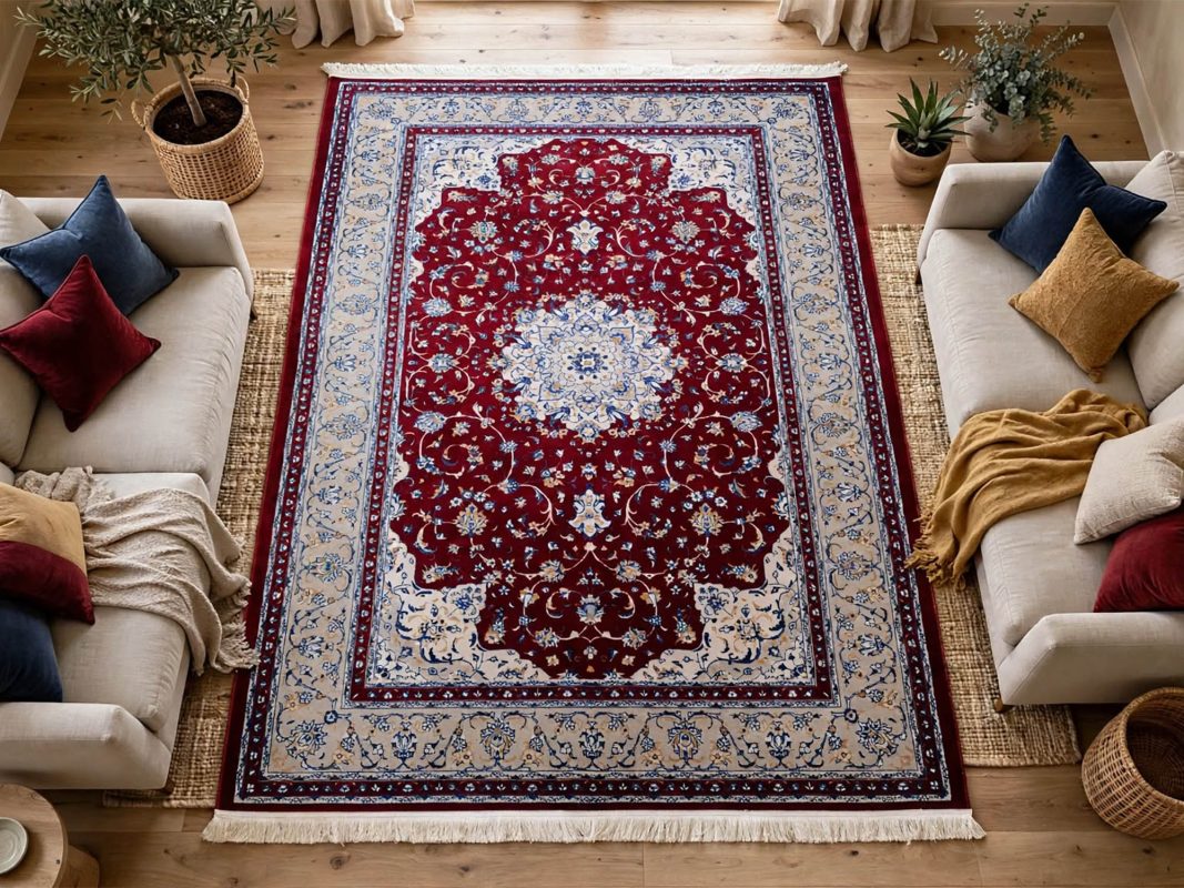 Persian Nain red machine made carpet 300x200cm featuring an ivory floral medallion and traditional cream and blue borders