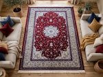 Persian Nain red machine made carpet 300x200cm featuring an ivory floral medallion and traditional cream and blue borders