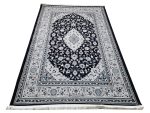 Persian Kashan navy blue machine made carpet 300x200cm featuring a silver-grey floral medallion and traditional ivory borders