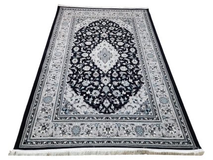 Persian Kashan navy blue machine made carpet 300x200cm featuring a silver-grey floral medallion and traditional ivory borders
