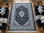 Persian Kashan navy blue machine made carpet 300x200cm featuring a silver-grey floral medallion and traditional ivory borders