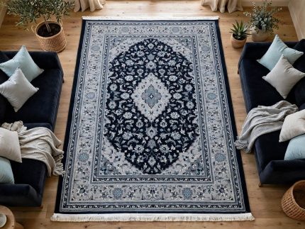 Persian Kashan navy blue machine made carpet 300x200cm featuring a silver-grey floral medallion and traditional ivory borders
