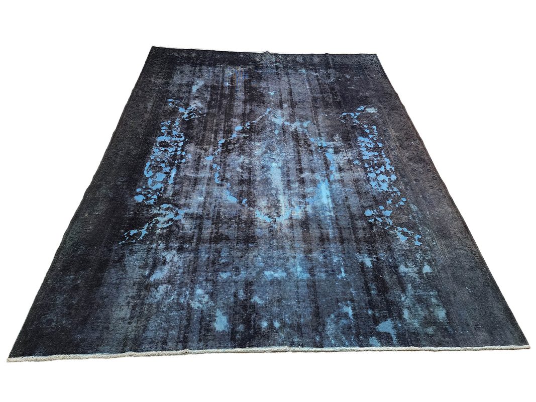 Persian handmade reloaded wool carpet 323x280cm with distressed charcoal black background and electric blue abstract detailing