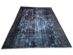 Persian handmade reloaded wool carpet 323x280cm with distressed charcoal black background and electric blue abstract detailing