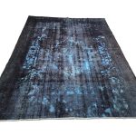 Persian handmade reloaded wool carpet 323x280cm with distressed charcoal black background and electric blue abstract detailing