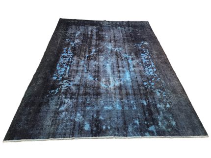 Persian handmade reloaded wool carpet 323x280cm with distressed charcoal black background and electric blue abstract detailing