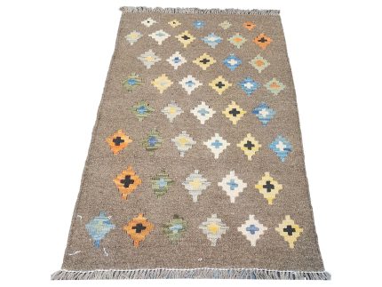 Afghan handmade reversible wool Kilim rug approximately 90x60cm featuring a brown background with blue, yellow, orange, green and cream geometric diamond motifs